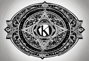 Simplistic symbol large delta inside a circle. Circle is made from chain and with small letters k sprinkled inside. tattoo idea