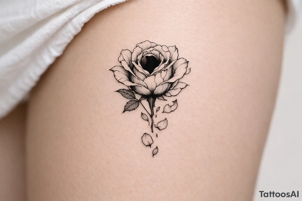 A single rose, petals cracked and falling, a dark void within. tattoo idea