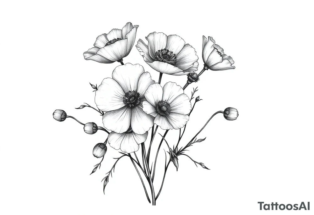 A cluster of wildflowers or poppies, with solid black shadows at the base and lighter stippling toward the petals. Some flowers can be in full bloom while others start to wilt or fall apart, symbolizing the passage of time. tattoo idea