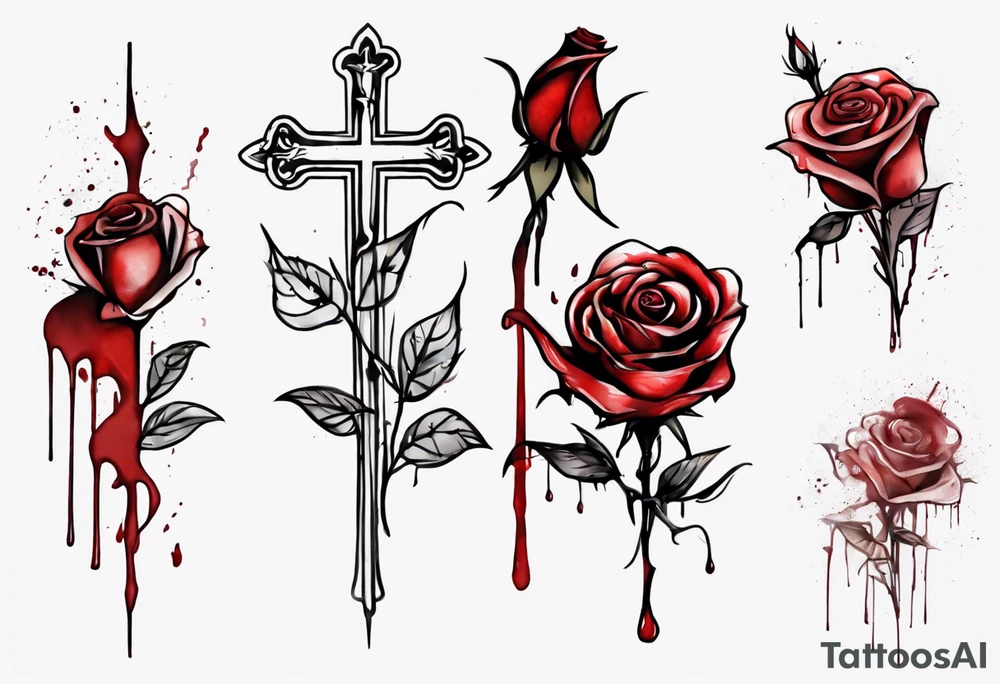 rose flower, one line, red blood dripping from the flower, tall, watercolor, with a Christian cross wrapped up by the stem tattoo idea