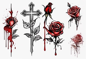 rose flower, one line, red blood dripping from the flower, tall, watercolor, with a Christian cross wrapped up by the stem tattoo idea