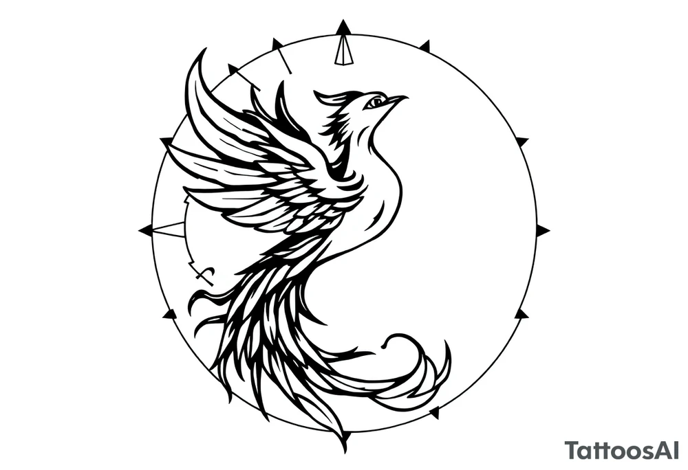 magical phoenix rising from golden flames with trailing embers surrounded by geometric sun and moon tattoo idea