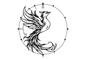 magical phoenix rising from golden flames with trailing embers surrounded by geometric sun and moon tattoo idea