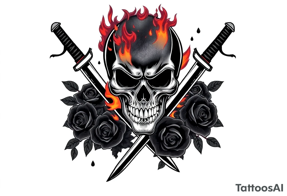 A skull burning intensely, katanas crossed, surrounded by falling dark roses. tattoo idea