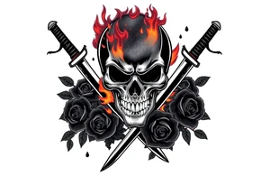 A skull burning intensely, katanas crossed, surrounded by falling dark roses. tattoo idea