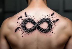 infinity symbol woven with floating feathers and stardust tattoo idea