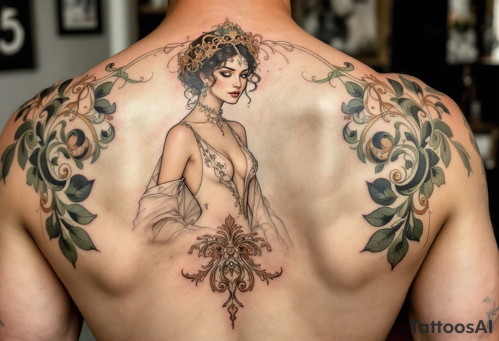Alfons Mucha’s timeless beauty in a pearl-white gown, framed by sage green swirls and delicate rose gold detailing. tattoo idea
