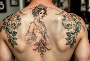 Alfons Mucha’s timeless beauty in a pearl-white gown, framed by sage green swirls and delicate rose gold detailing. tattoo idea