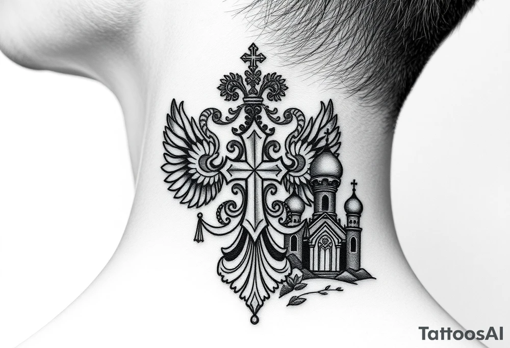 russian coat arms in a russian christian orthodox cross with the cross in the middle with a virgin mary & orthodox dome church on the side of the neck tattoo idea
