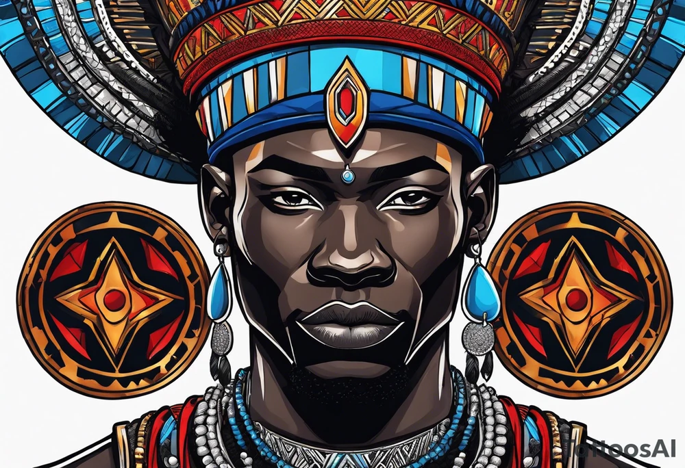 Black-skinned bald african warrior. He wears a simple and small silver crown. He uses blue and red necklaces tattoo idea