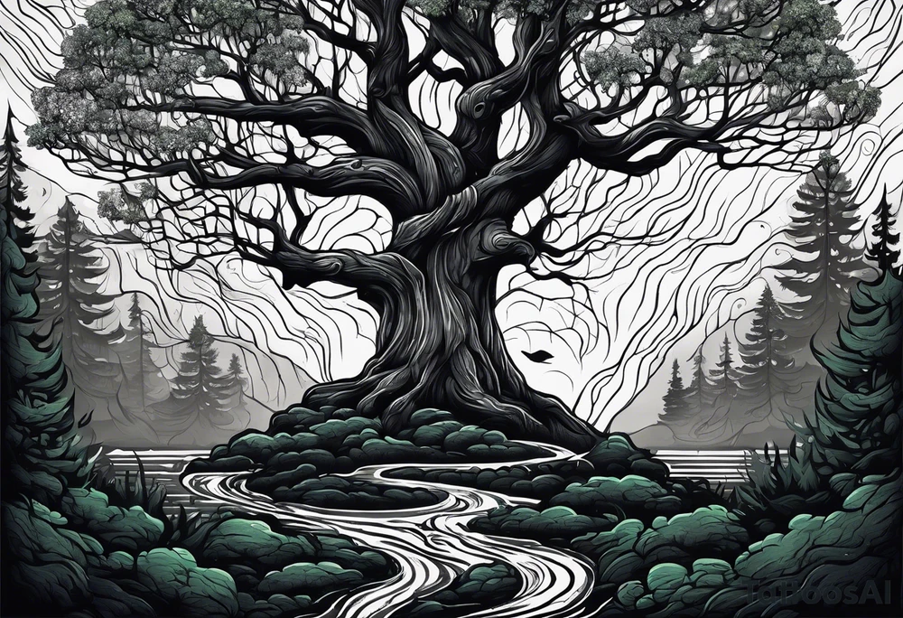 Tree in dark forest in heavy rainfall tattoo idea