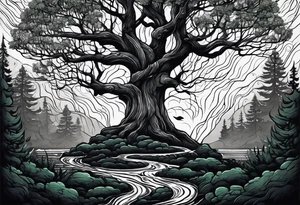Tree in dark forest in heavy rainfall tattoo idea