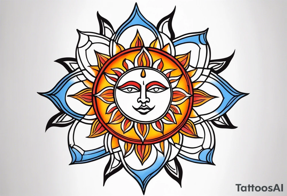a simple red, blue, orange, and yellow sun tattoo idea