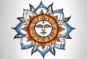a simple red, blue, orange, and yellow sun tattoo idea