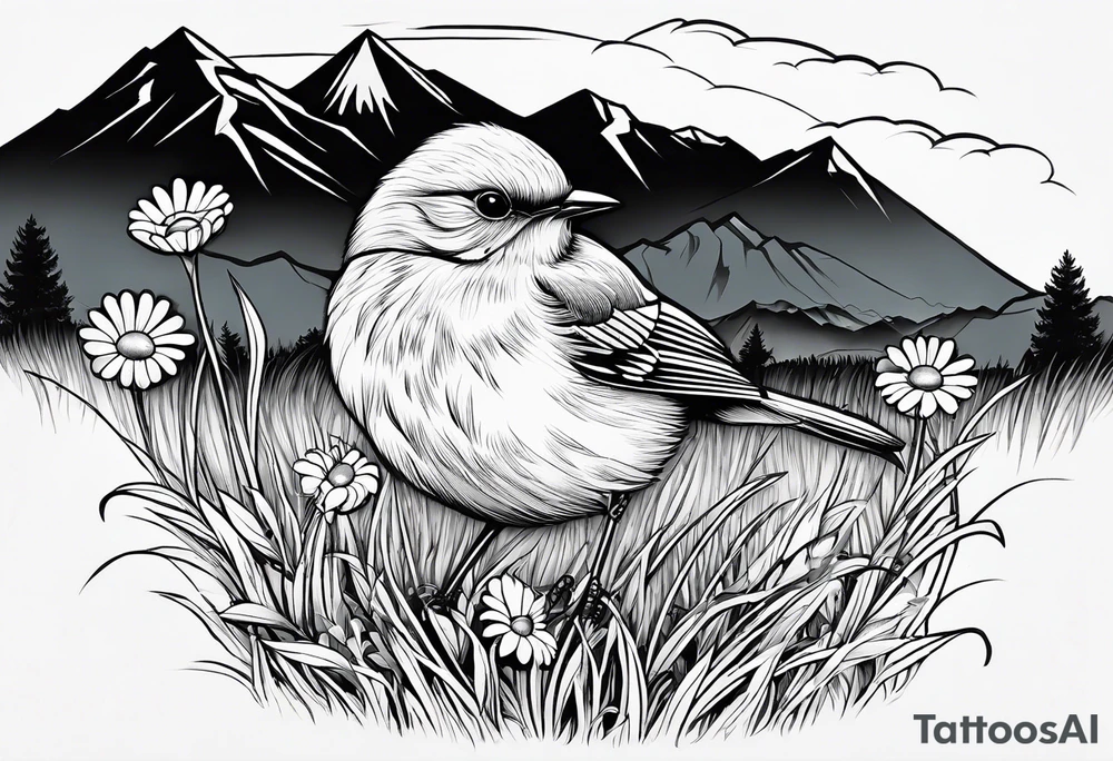 Small blue bird in field of grass and daisys Mountain View in distance tattoo idea