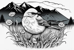 Small blue bird in field of grass and daisys Mountain View in distance tattoo idea