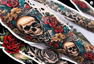 arm sleeve tattoo of bone that fills entire arm from shoulder to fingers symbolizing pain with skulls and dead flowers and more tattoo idea