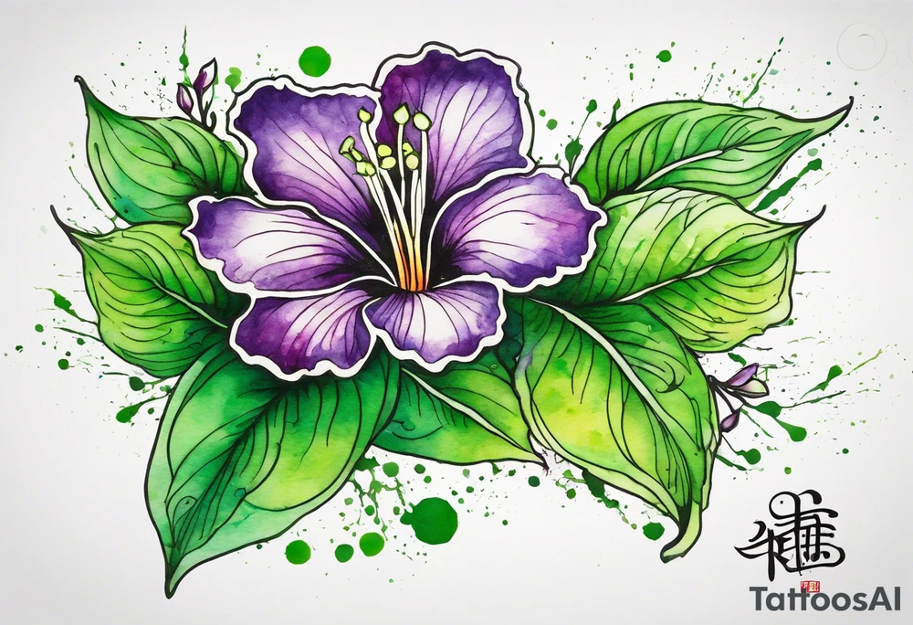 An outline of a green rio dipladenia flower and a green/purple watercolor splash in the background tattoo idea