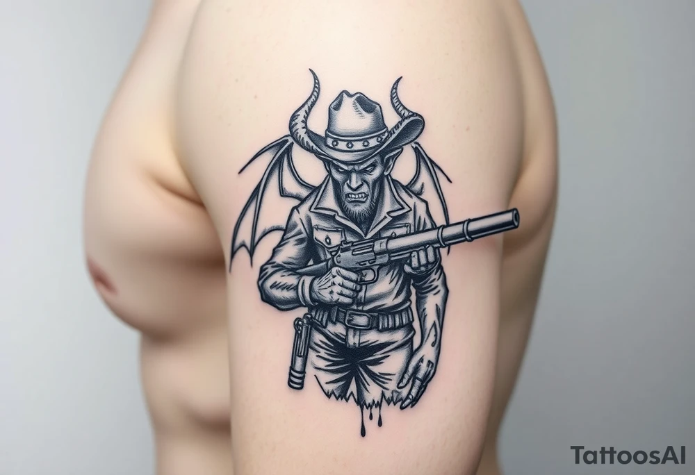 demon in cowboy-clothing,big gun,landscape,cowboy-hat. tattoo idea