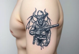 demon in cowboy-clothing,big gun,landscape,cowboy-hat. tattoo idea