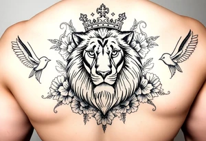 powerful majestic lion with a crown, surrounded by floral ornaments and birds tattoo idea