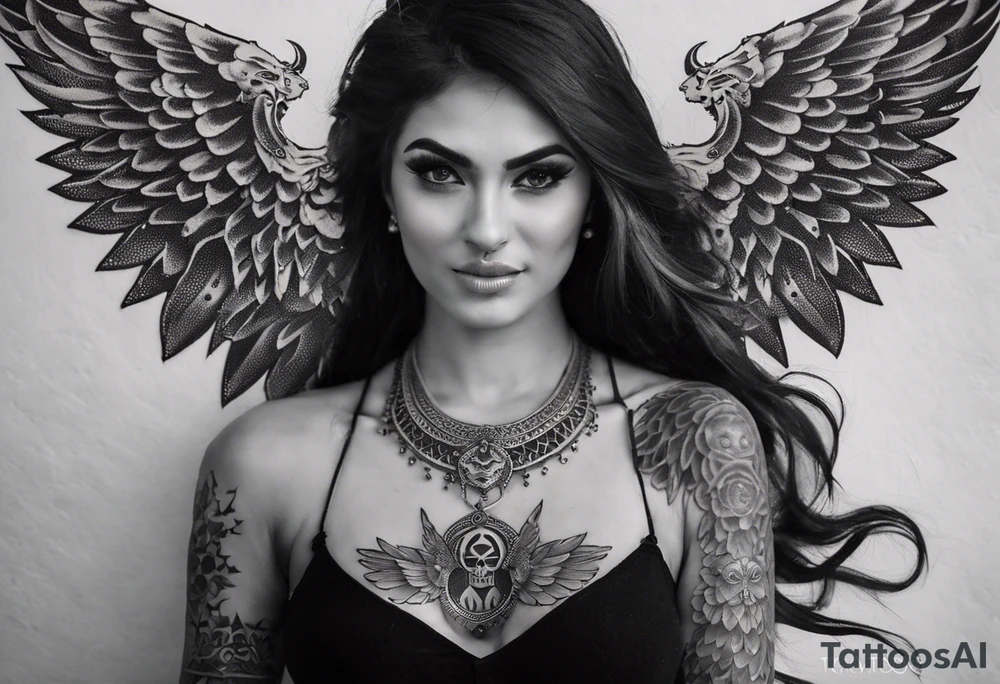 black kali, goddess pirate, alien, angel, pachamama, valkrye, warrior, flying, skull, lotus azul, wing, eagle, zenza resonance, stars, 5D, anahata chakra, death, durga, riding on a tiger, flying lady, chest tatoo tattoo idea