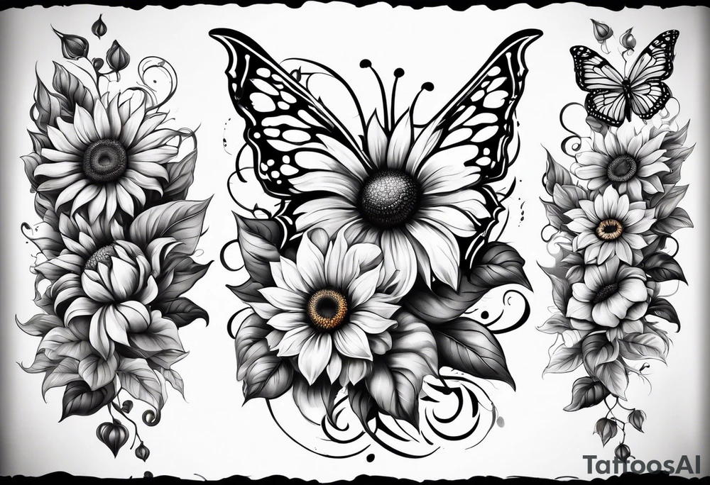 Arm sleeve with sunflowers and butterflies tattoo idea