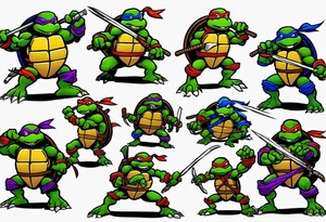 all four teenage mutant ninja turtles fighting enemies in a cityscape tattoo idea