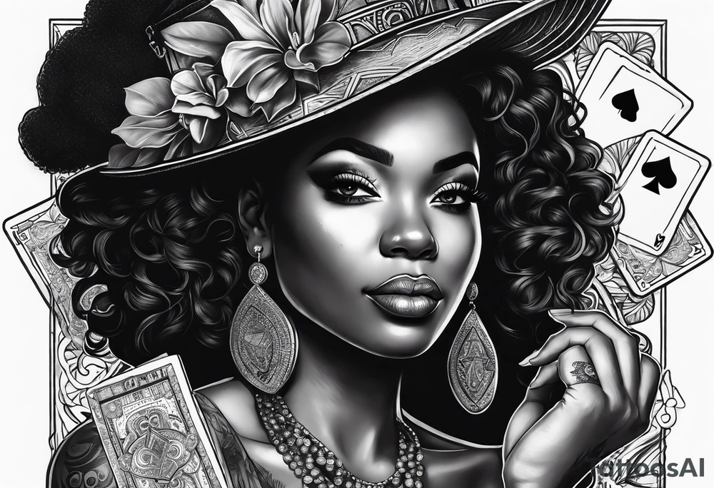 black woman with dice, cards, whiskey. and casino chips tattoo idea