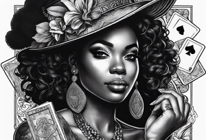 black woman with dice, cards, whiskey. and casino chips tattoo idea