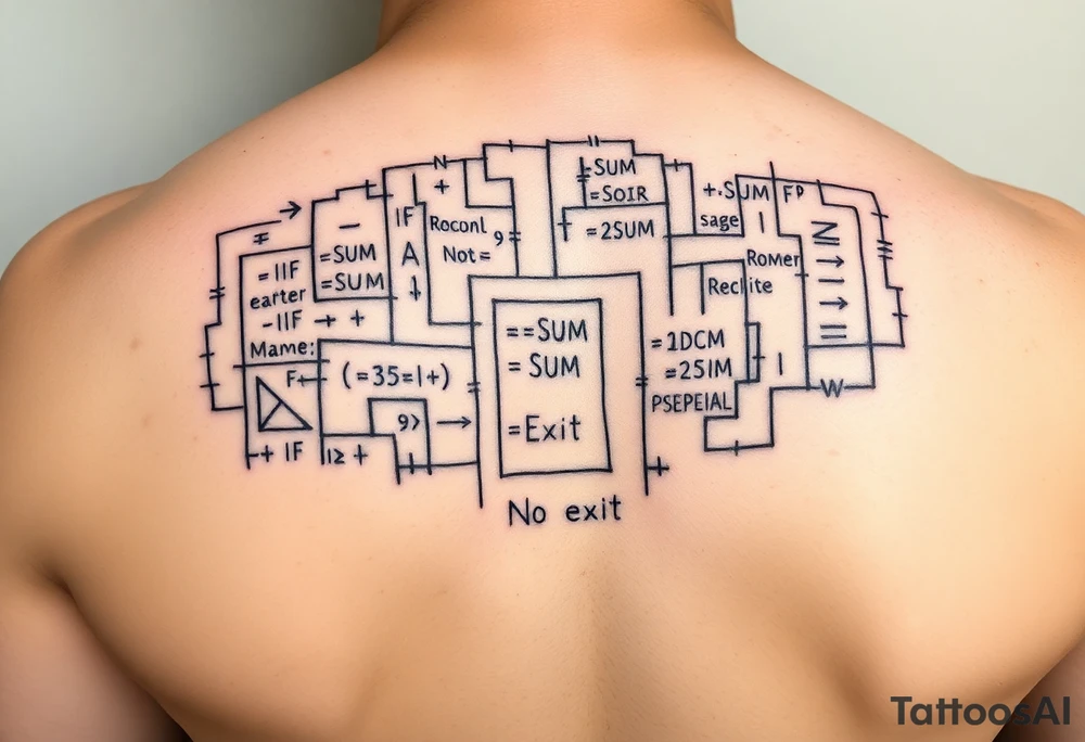 "Rat maze tattoo made of Excel formulas (=SUM, =IF). Exit door says 'No Exit' in Calibri font. Black ink, schematic style." tattoo idea