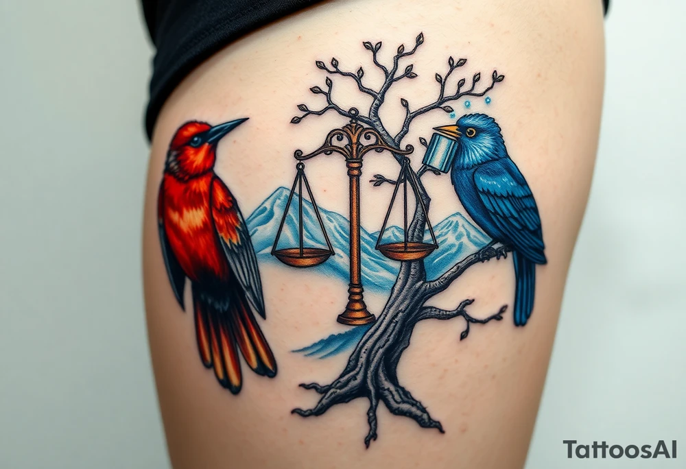 2 birds as the focus, one of the birds red wearing a suit, other bird navy blue with glasses or holding a book, scales of justice built into a tree, starry night painting and mountain background tattoo idea