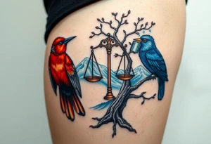 2 birds as the focus, one of the birds red wearing a suit, other bird navy blue with glasses or holding a book, scales of justice built into a tree, starry night painting and mountain background tattoo idea