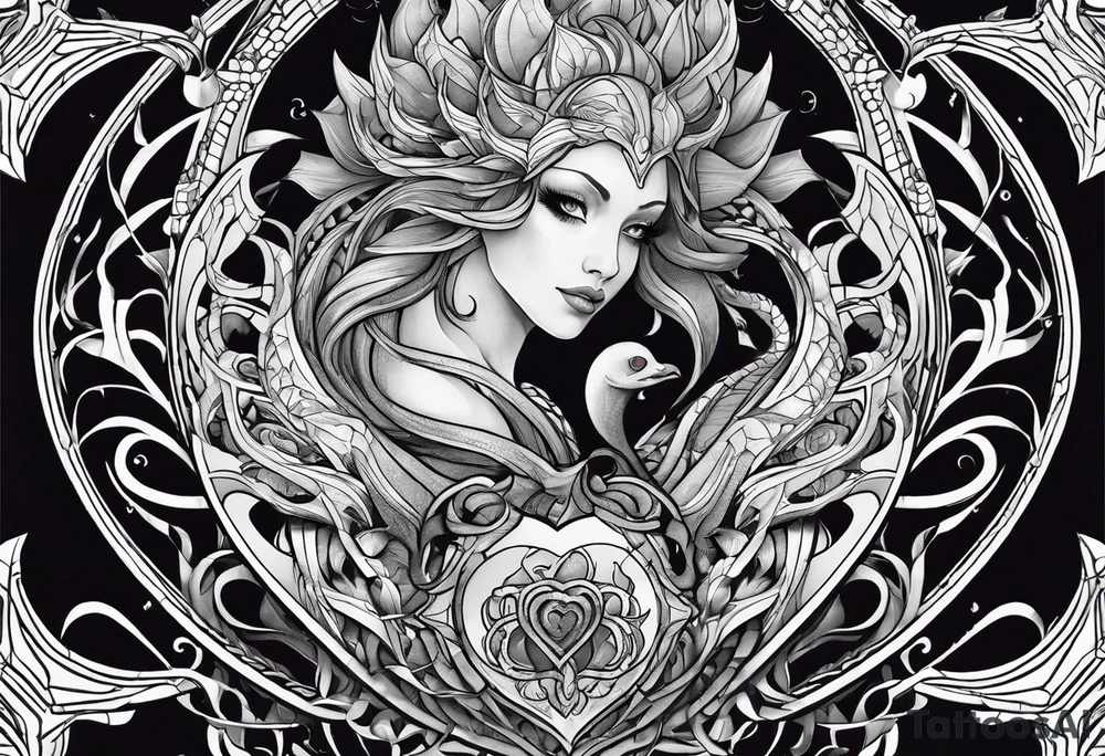 Lovecraftian creature protecting heart. Long tattoo for sleeve. Vertical. tattoo idea