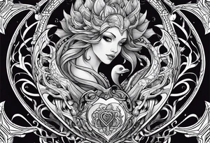 Lovecraftian creature protecting heart. Long tattoo for sleeve. Vertical. tattoo idea