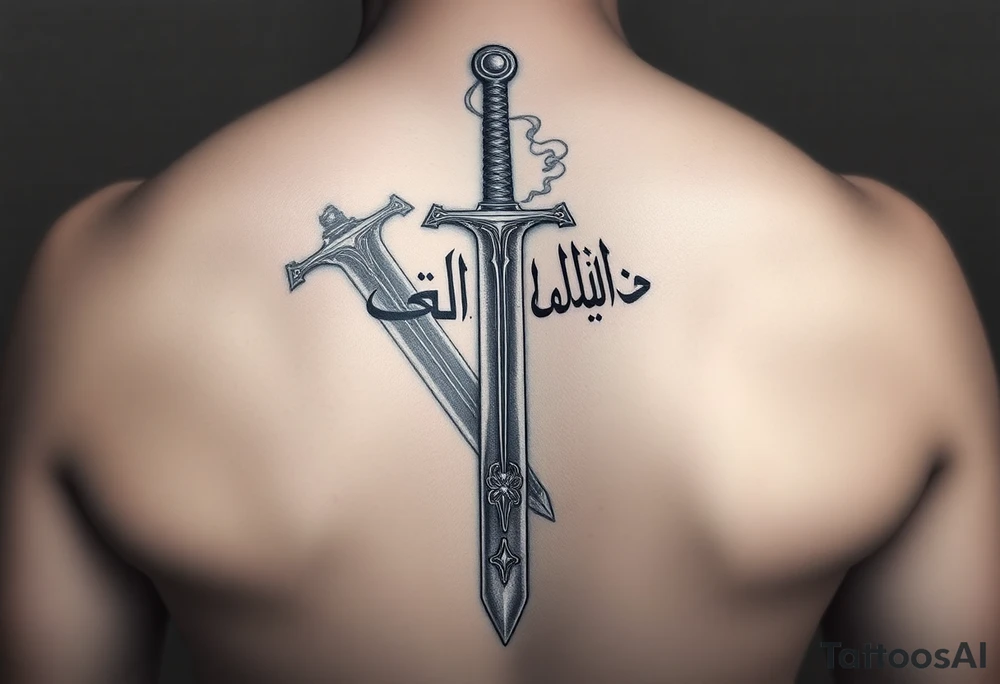 A powerful, highly detailed tattoo design of the legendary bifurcated sword Zulfiqar, positioned vertically for a forearm. The Arabic calligraphy "لا فتی الا علی لا سیف الا ذوالفقار" is elegantly woven into the blade's steel. Cinematic lighting, sharp edges, metallic textures, and a subtle "divine glow" or smoke effect around the sword. Intricate engravings, epic warrior aesthetic, black and grey realism. tattoo idea