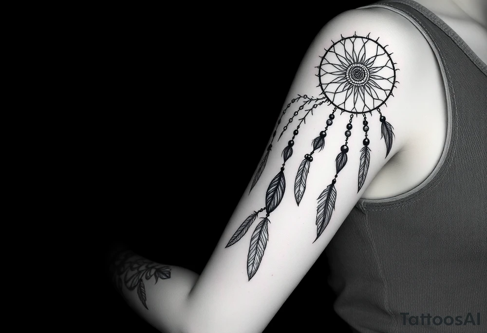 native dreamcatcher with flowing feathers and sacred beads tattoo idea