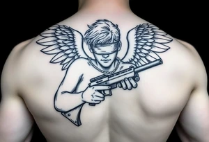 Angel blindfolded holding draco gun tattoo idea