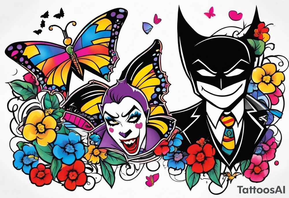 Small Batman and joker tattoo with butterflies and lots of color and harley quinn tattoo idea