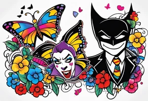 Small Batman and joker tattoo with butterflies and lots of color and harley quinn tattoo idea