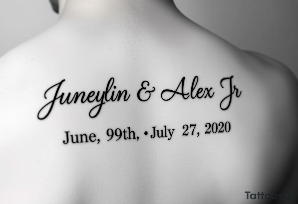 Junelyn & Alex Jr in cursive font & the dates June 9th 2019 & July 27th 2020 in roman numerals tattoo idea