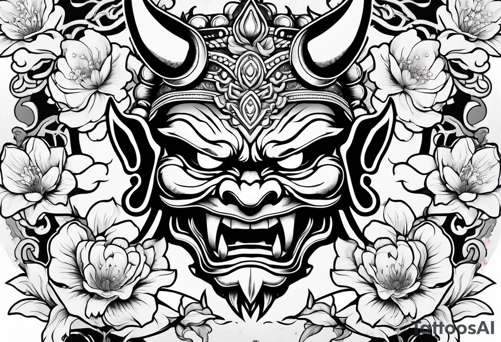 Oni mask with a cherry blossom background tattoo idea Oni mask with a cherry blossom background tattoo idea