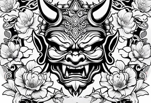 Oni mask with a cherry blossom background tattoo idea