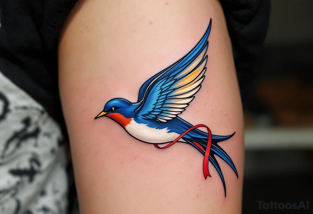 A graceful swallow in mid-flight, wings outstretched, with deep navy and soft white feathers, accented by a golden sheen on its wingtips. A red ribbon flows from its beak, carrying the initials of loved ones, symbolizing loyalty and safe travels. tattoo idea