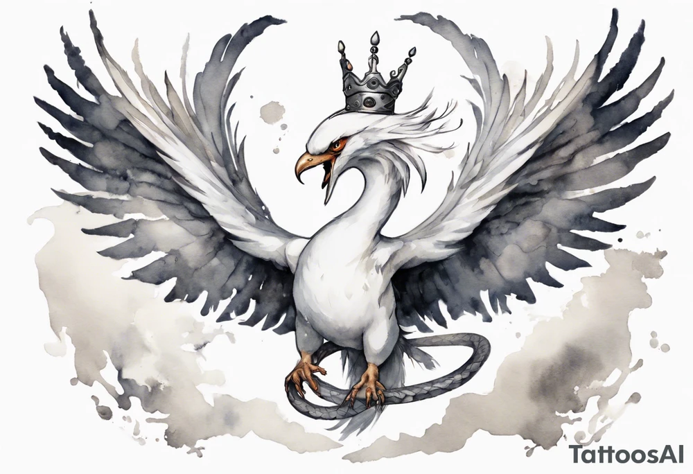 a white bird-serpent hybrid, wearing a pewter crown on its head, flying in the air tattoo idea