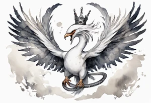 a white bird-serpent hybrid, wearing a pewter crown on its head, flying in the air tattoo idea