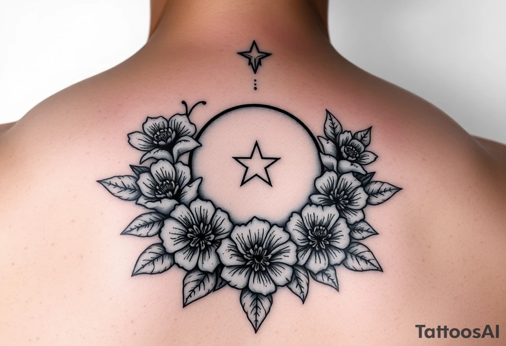 Flowers surrounded by moon and star design tattoo idea