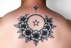 Flowers surrounded by moon and star design tattoo idea