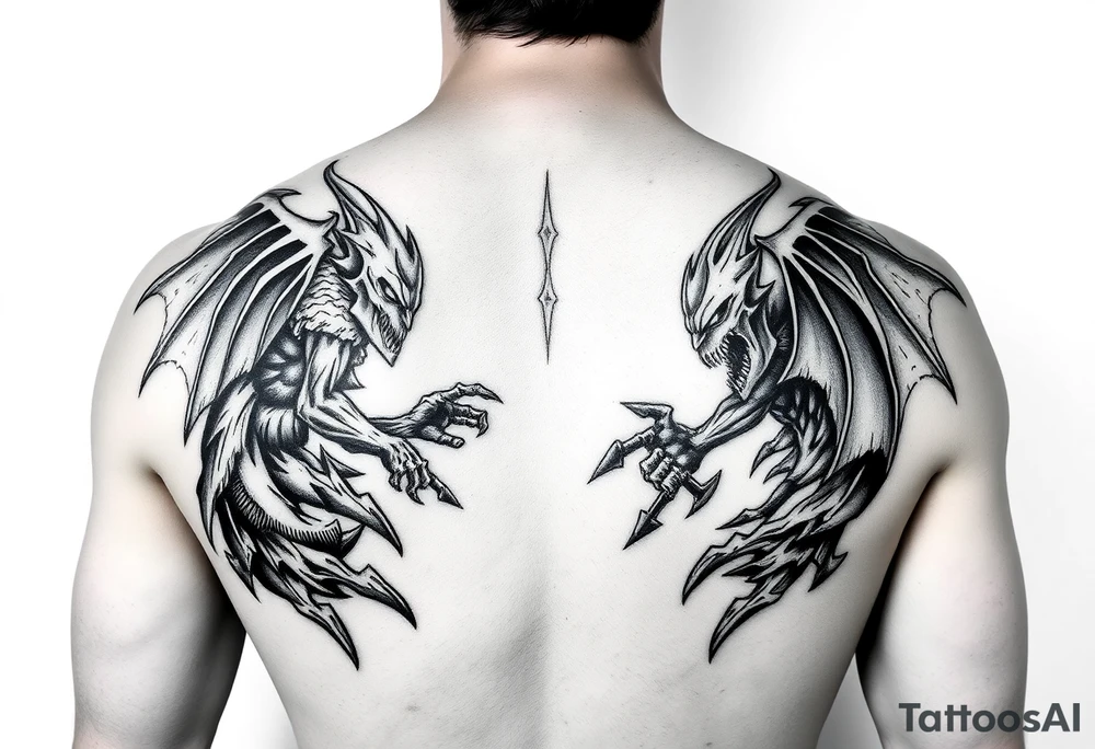 Good vs Evil battle entire back tattoo tattoo idea