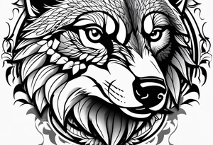 Black and grey tattoo of a Hawk beside a wolf in nature tattoo idea